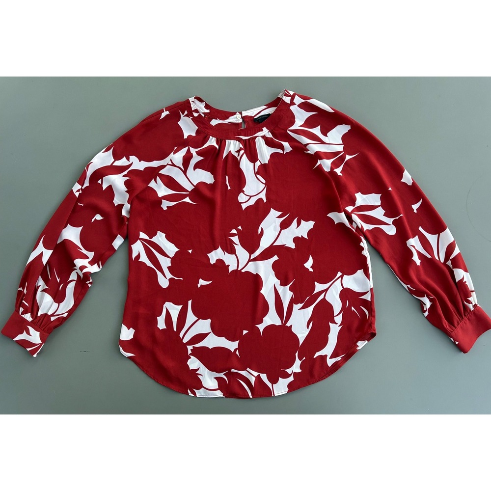 Ann Taylor Red White Floral Long Sleeve Boho Blouse Size M